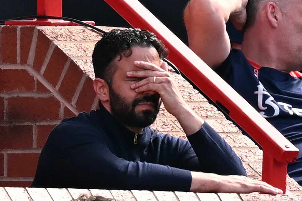 Manchester United head coach Ruben Amorim reacts during the Premier League match between the Red Devils and West Ham at Old Trafford in May 2025.
