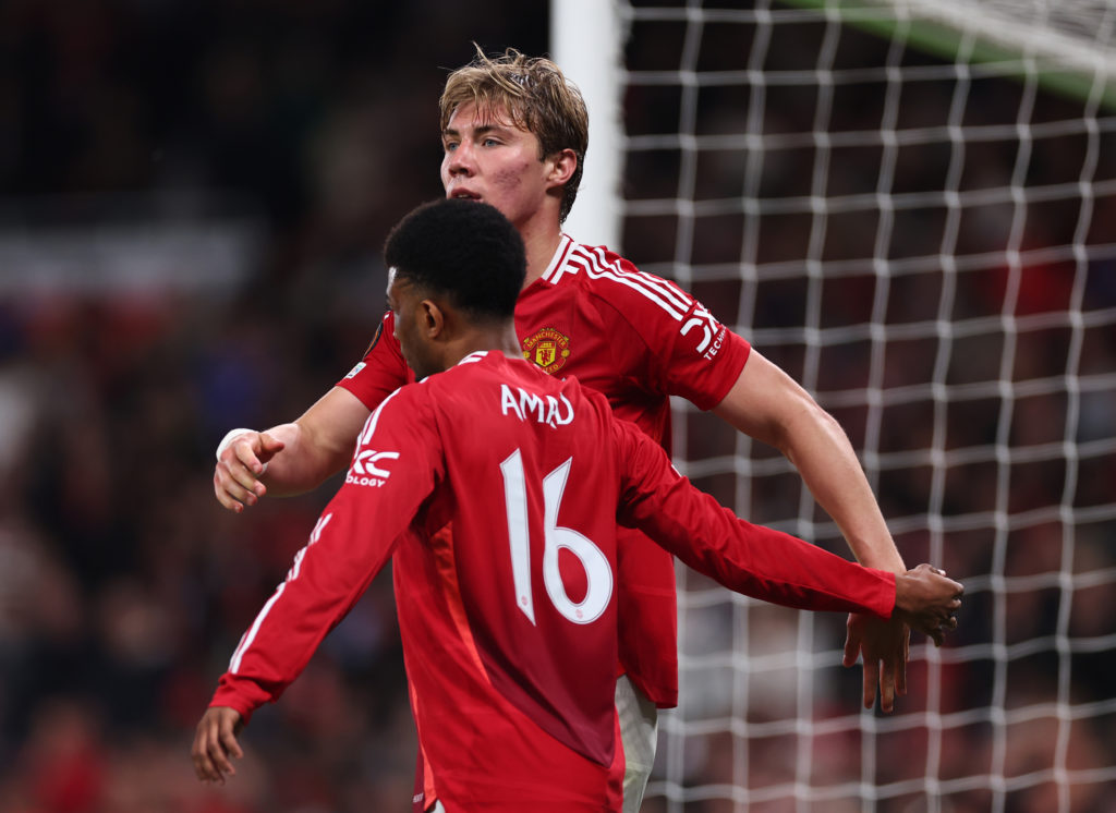 Rasmus Hojlund of Manchester United celebrates after scoring a goal to make it 3-1 with Amad Diallo of Manchester United during the UEFA Europa League 2024/25 Semi Final Second Leg match between Manchester United and Athletic Club at Old Trafford on May 08, 2025