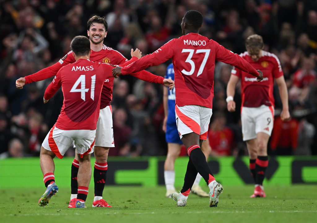 Kobbie Mainoo, Mason Mount and Harry Amass celebrate.