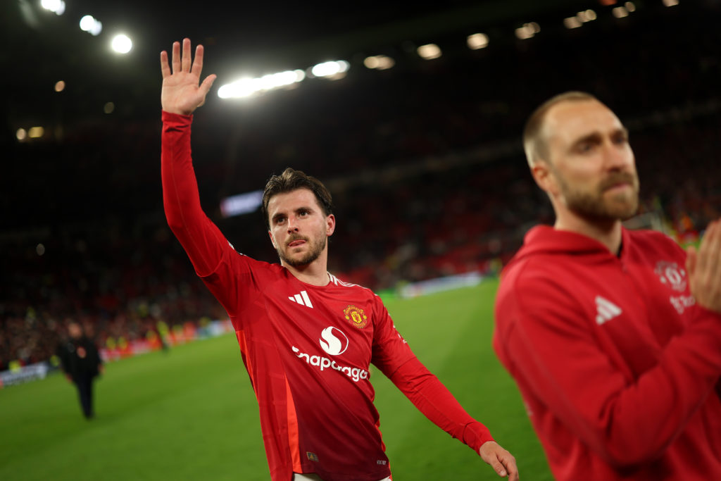 Mason Mount waves to Manchester United fans.