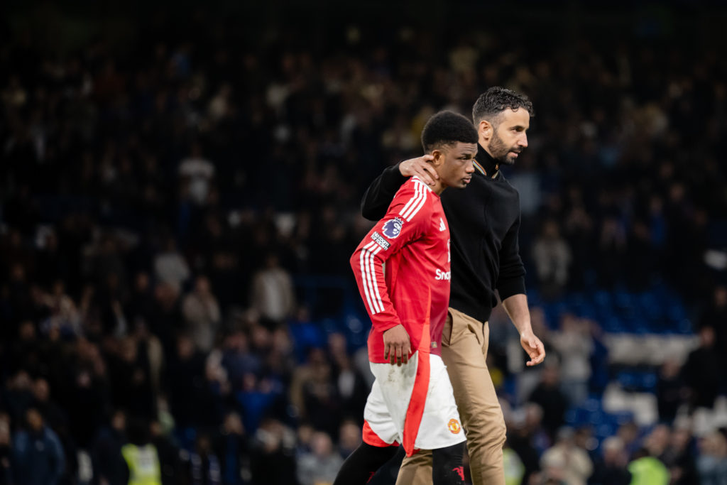 Manchester United Head Coach / Manager Ruben Amorim reacts to Amad of Manchester United at the end of the Premier League match between Chelsea FC and Manchester United FC at Stamford Bridge on May 16, 2025