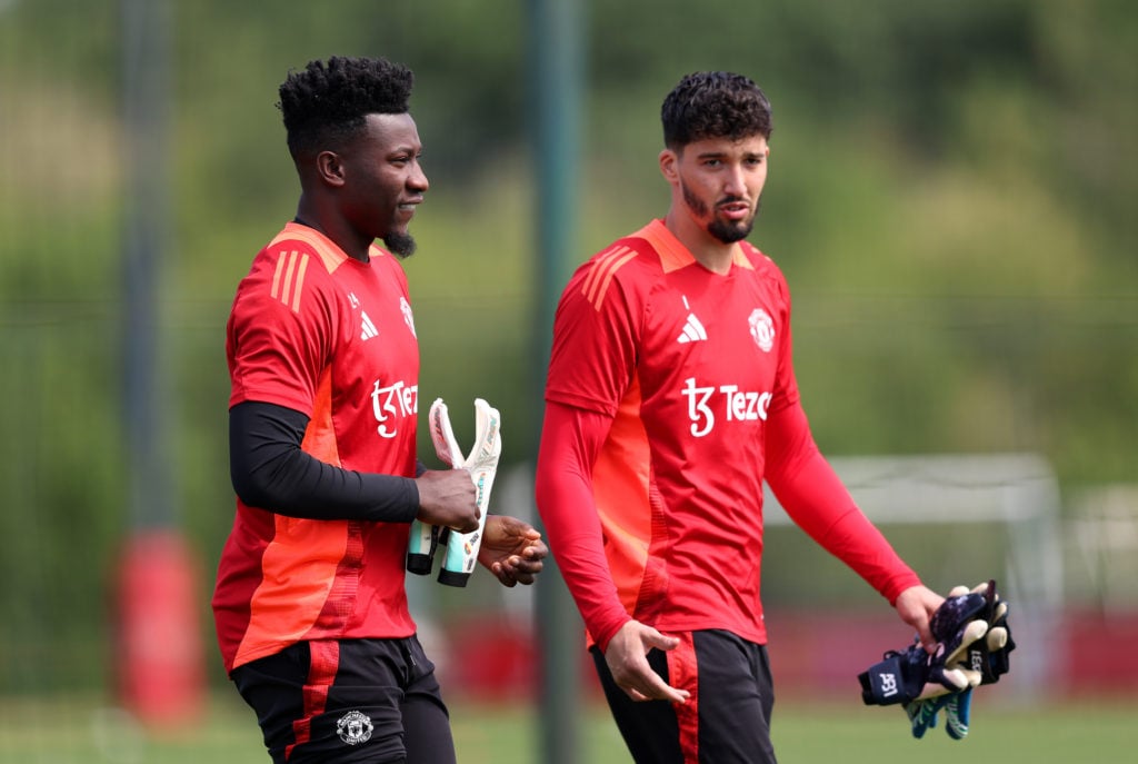 Andre Onana and Altay Bayindir in training for Manchester United.