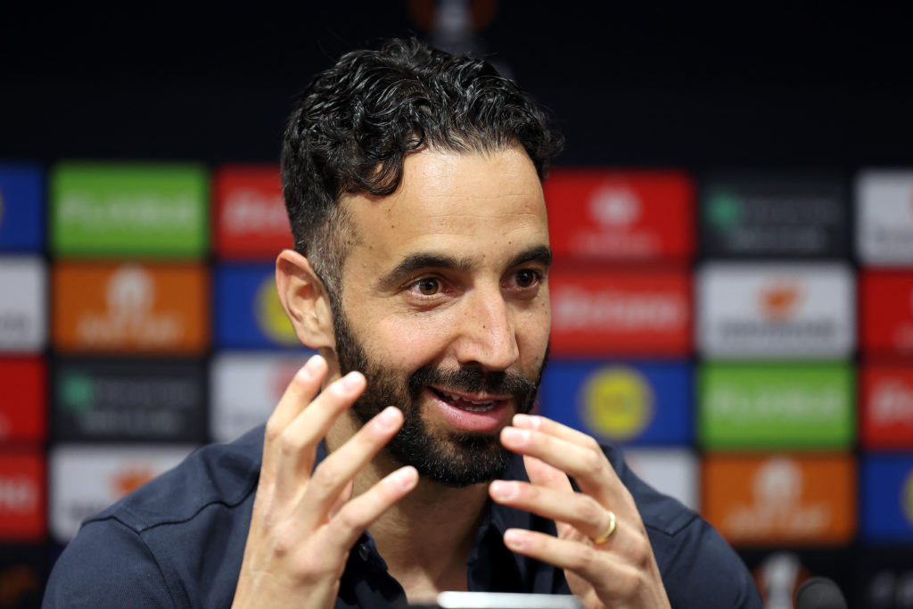 Ruben Amorim, the manager of Manchester United, speaks to the media during a press conference at Old Trafford in Manchester, England.