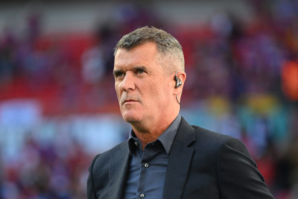 Roy Keane during on punditry duty at Wembley, looking intensely.