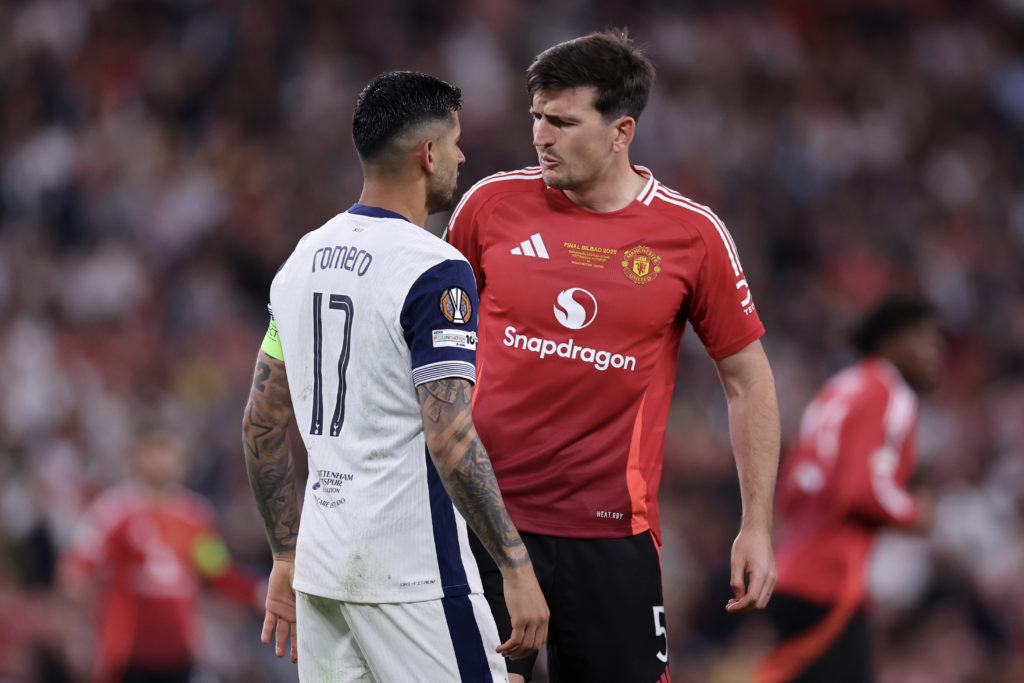 Harry Maguire clashes with Cristian Romero