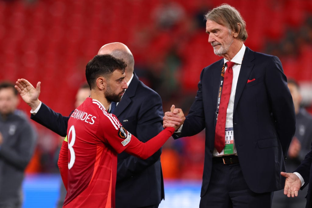 Sir Jim Ratcliffe shakes hands with players in the medals ceremony following Manchester United's 1-0 defeat to Tottenham in the 2024-25 UEFA Europa League final
