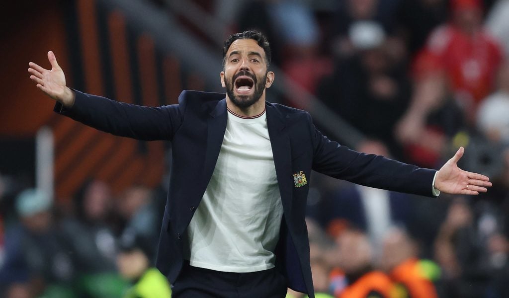 Manager Ruben Amorim of Manchester United looks frustrated and annoyed during the 2025 UEFA Europa League final 2025 between Tottenham Hotspur and Manchester United on May 21, 2025 in Bilbao, Spain.