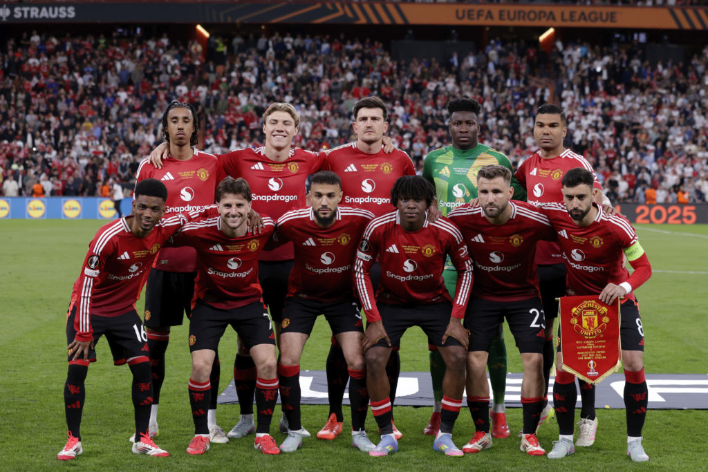 Manchester United squad line up before the Europa League final.