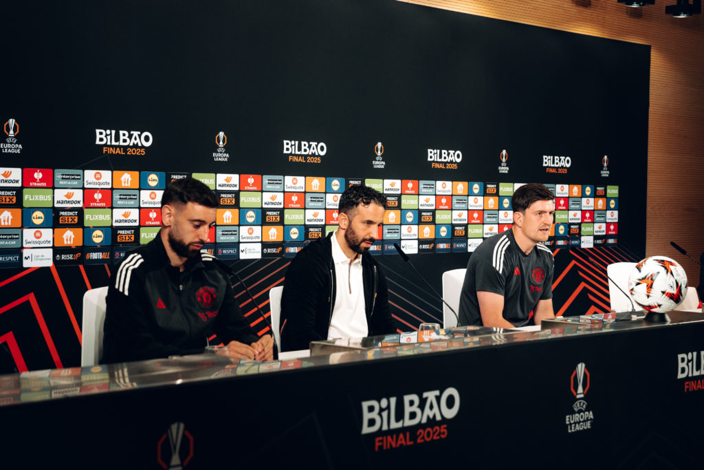 Harry Maguire, Ruben Amorim and Bruno Fernandes during Manchester United press conference.