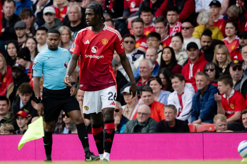 Ayden Heaven of Manchester United in action during the Premier League match between Manchester United FC and Aston Villa FC at Old Trafford on May 25, 2025 in Manchester, United Kingdom.