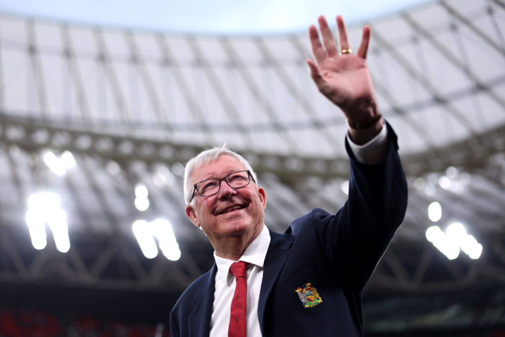 Sir Alex Ferguson smiles as he acknowledges the fans in Bilbao.