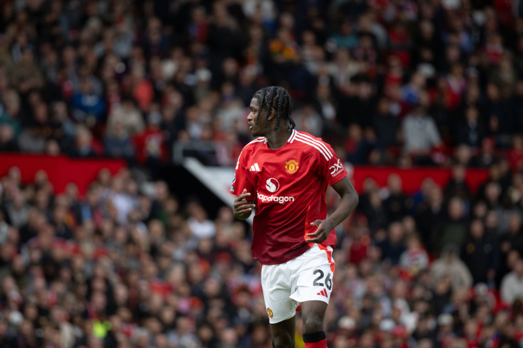Ayden Heaven of Manchester United in action during the Premier League match between Manchester United FC and Aston Villa FC at Old Trafford on May 25, 2025 in Manchester, United Kingdom.
