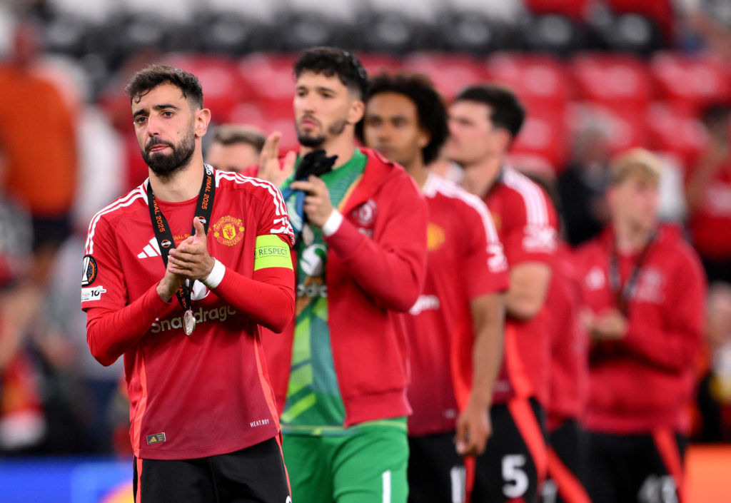 Bruno Fernandes of Manchester United applauds the fans following defeat in the UEFA Europa League final 2025 between Tottenham Hotspur and Manchester United at the Estadio de San Mames on May 21, 2025 in Bilbao, Spain.