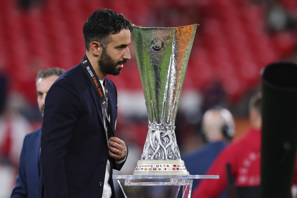Ruben Amorim, the head coach of Manchester United, looks dejected at the end of the 2024/2025 Europa League final football match between Tottenham Hotspur and Manchester United at San Mames Stadium.