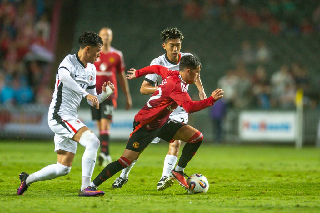 Shea Lacey of Manchester United in action during the match between Manchester United and Hong Kong at Hong Kong Stadium on May 30, 2025