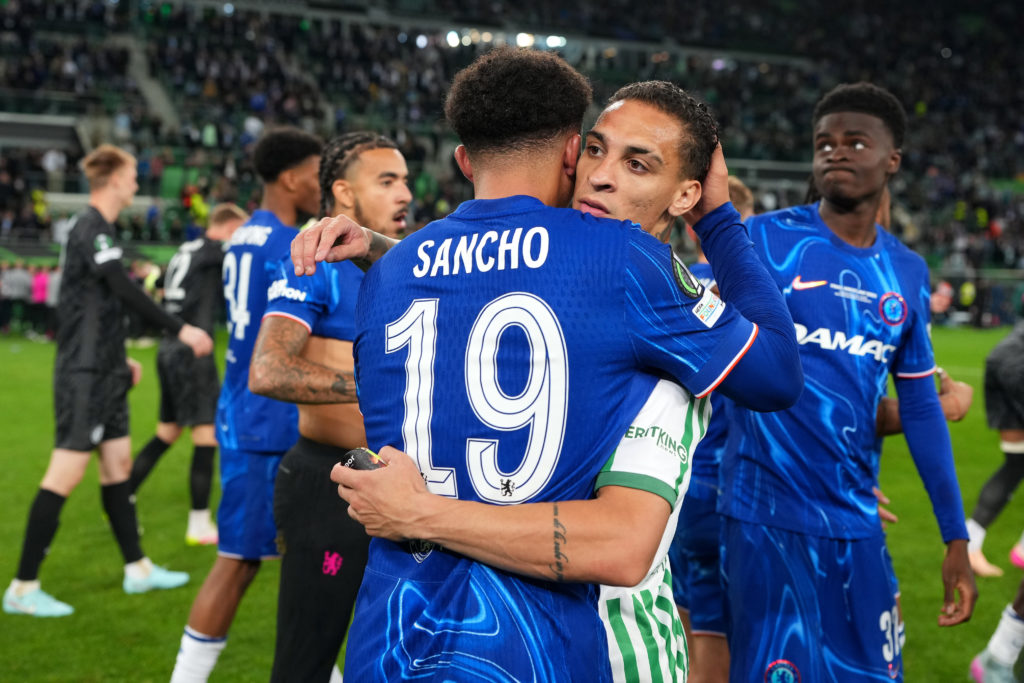 Jadon Sancho of Chelsea is embraced by Antony of Real Betis after the UEFA Conference League final 2025 between Real Betis Balompie and Chelsea FC at the Stadion Wroclaw on May 28, 2025 in Wroclaw, Poland.