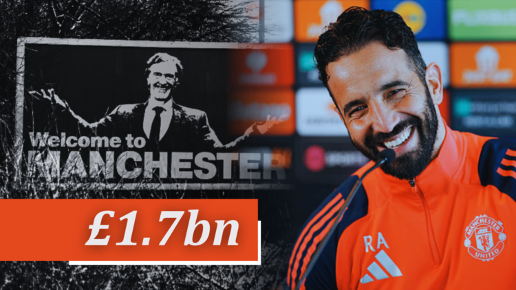 Composite image of Sir Jim Ratcliffe's 'welcome to Manchester' billboard in black-and-white and Ruben Amorim smiling at a Man United press conference