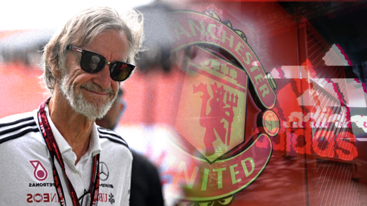Composite image of Sir Jim Ratclife and an abstract mix of the Manchester United badge and Adidas logo