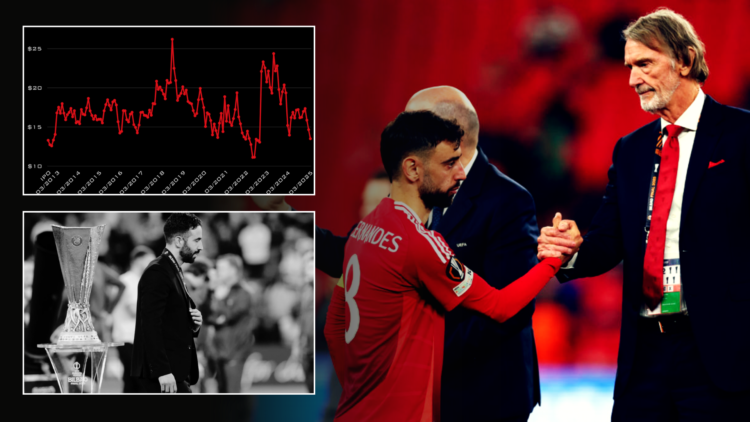 Sir Jim Ratcliffe hands out medals after Manchester United's defeat to Tottenham in the 2024-25 Europa League final, split image with Ruben Amorim ...