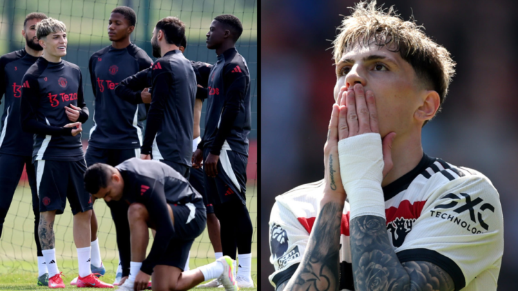 Alejandro Garnacho of Manchester United (C) speaks to his teammates during a training session at Carrington Training Ground. Insert: Alejandro Garn...
