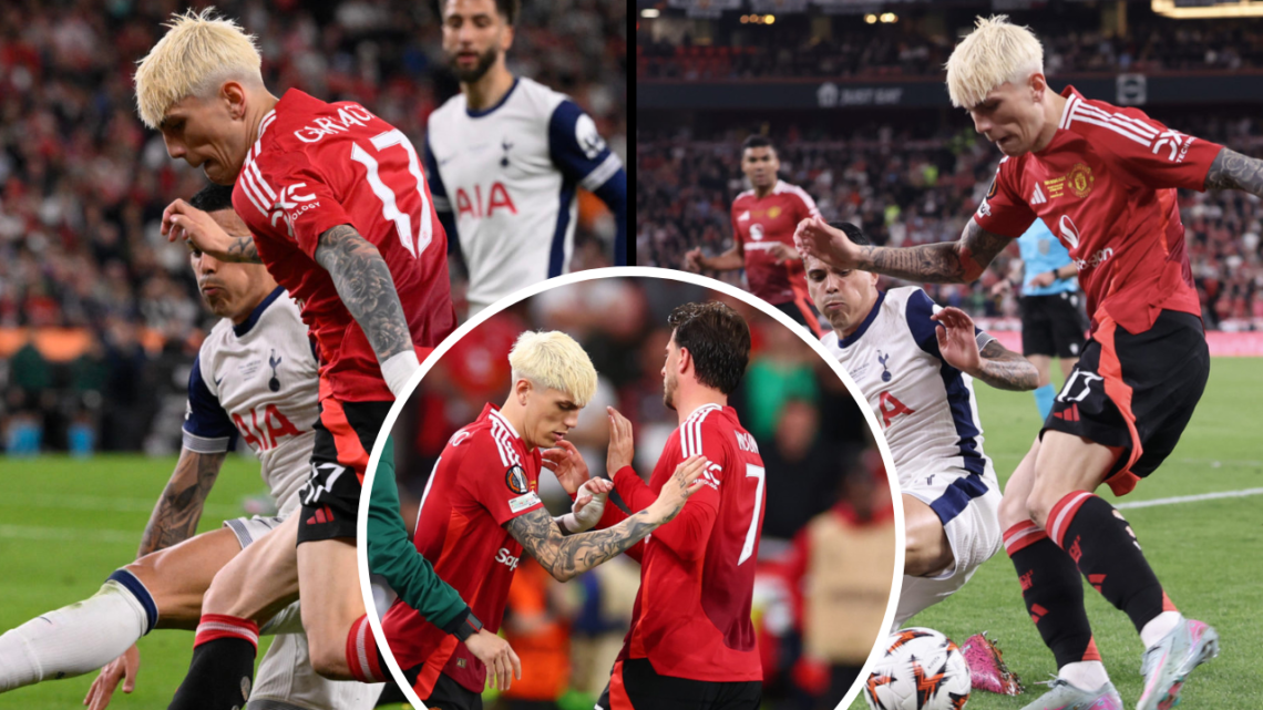 Alejandro Garnacho of Manchester United takes on Pedro Porro of Tottenham Hotspur during the UEFA Europa League Final 2025 between Tottenham Hotspu...