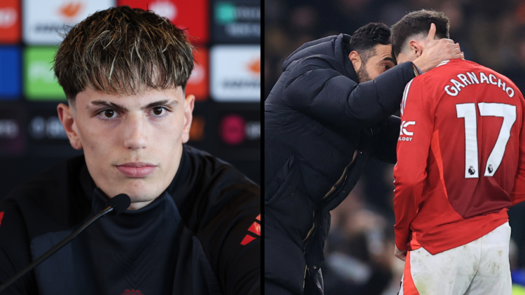 Alejandro Garnacho of Manchester United looks on during a press conference ahead of the UEFA Europa League 2024/25 semi final second leg match betw...
