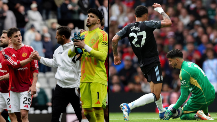 Morgan Rogers of Aston Villa challenges Altay Bayindir of Manchester United before scoring a goal which was later ruled out by VAR during the Premi...