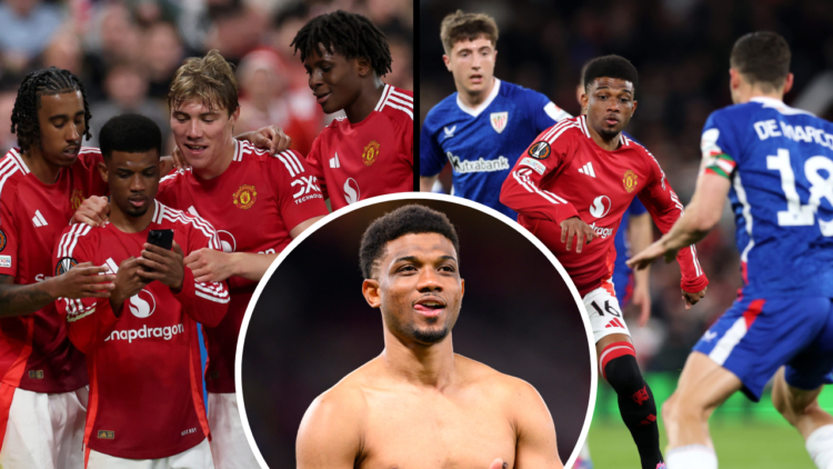 Amad Diallo of Manchester United thanks supporters for standing following the UEFA Europa League 2024/25 Semi Final Second Leg match between Manche...