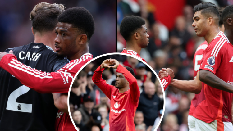 Manchester United's Ivorian forward #16 Amad Diallo (2L) celebrates with teammates after scoring the opening goal during the English Premier League...