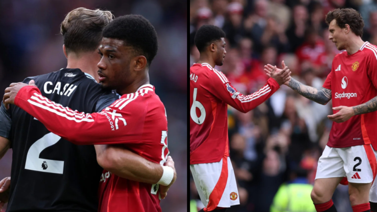Amad Diallo of Manchester United celebrates scoring his team's first goal with teammate Victor Lindeloef during the Premier League match between Ma...