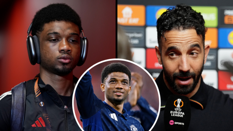 Amad Diallo of Manchester United arrives at the stadium prior to the UEFA Europa League 2024/25 Semi Final First Leg match between Athletic Bilbao ...