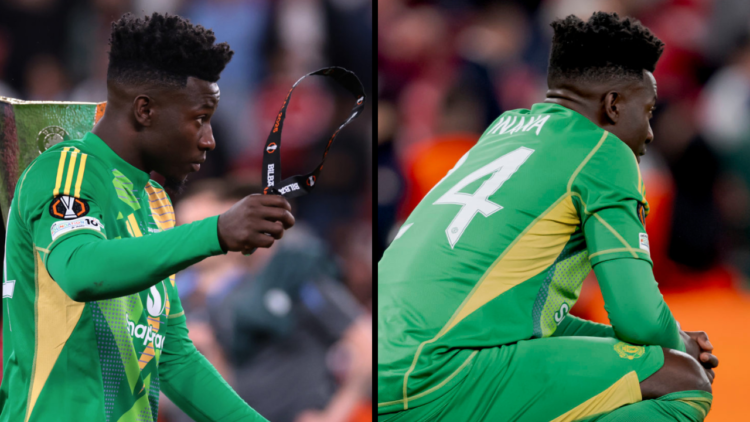 Andre Onana of Manchester United FC removes his medal as he walks past the trophy after collecting his Runners' Up medal following the 1-0 defeat i...