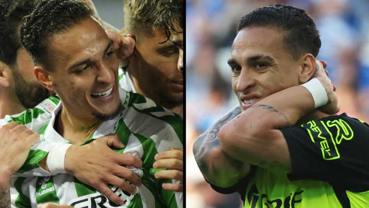 Antony right winger of Betis and Brazil celebrates after scoring his sides first goal during the UEFA Conference League 2024/25 Semi Final First Le...