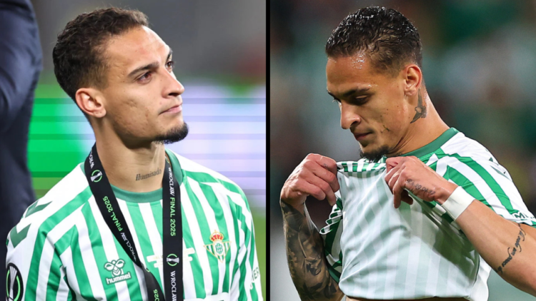 A dejected Antony of Real Betis during the UEFA Conference League Final 2025 between Real Betis Balompie and Chelsea FC at Wroclaw Stadium. Insert:...