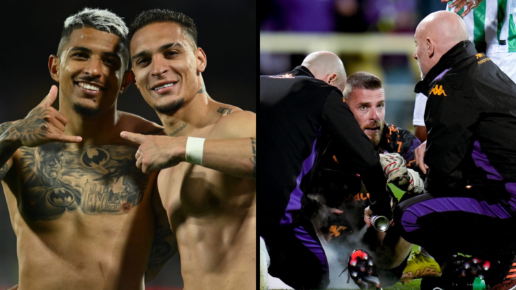 Dodo of A.C.F. Fiorentina and Antony of Real Betis Balompie stand at the end of the match during the UEFA Conference League Semi Final Second Leg m...