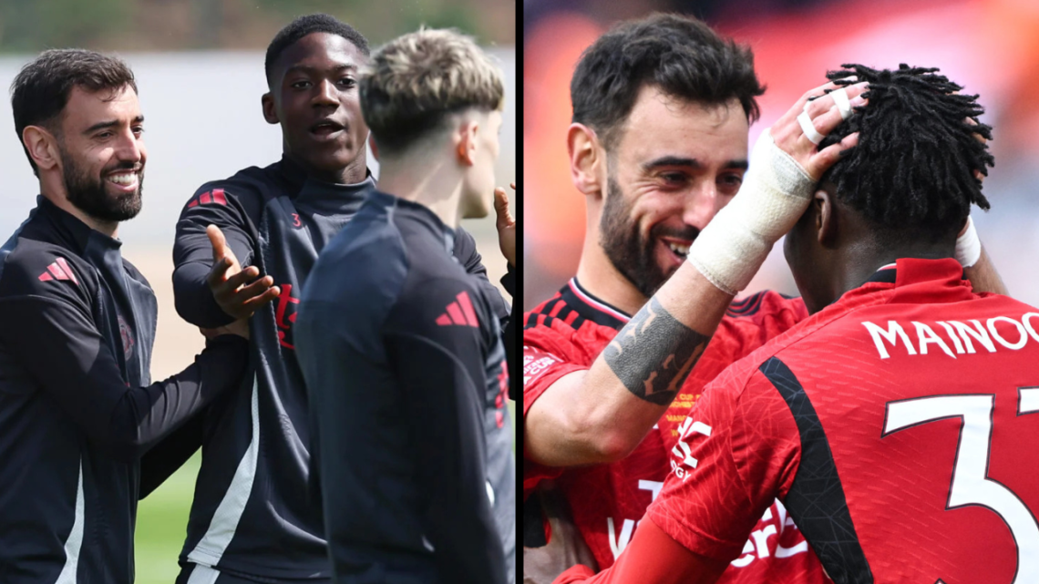 Bruno Fernandes of Manchester United reacts with Victor Lindelof, Kobbie Mainoo and Alejandro Garnacho during a training session at Carrington Trai...