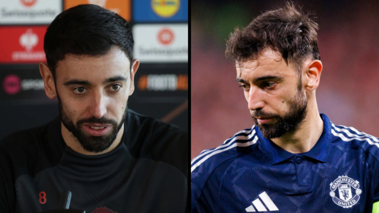 Bruno Fernandes of Manchester United reacts during the UEFA Europa League 2024/25 Semi Final First Leg match between Athletic Bilbao and Manchester...