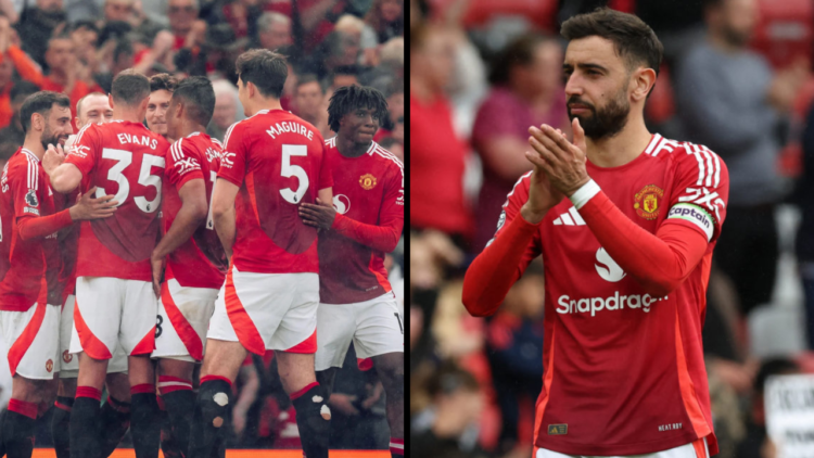 Manchester United's Portuguese midfielder #08 Bruno Fernandes and his children during the lap of honour after the English Premier League football m...