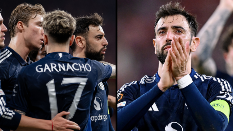 Bruno Fernandes of Manchester United celebrates scoring their second goal from a penalty spot kick during the UEFA Europa League 2024/25 Semi Final...