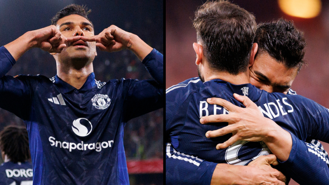 Carlos Casemiro of Manchester United celebrates after scoring a goal during the UEFA Europa League 2024/25 Semi Final First Leg match between Athle...