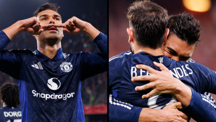 Carlos Casemiro of Manchester United celebrates after scoring a goal during the UEFA Europa League 2024/25 Semi Final First Leg match between Athle...