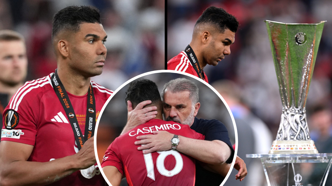 Tottenham Hotspur's Greek-Australian Head Coach Ange Postecoglou hugs Manchester United's Brazilian midfielder #18 Casemiro at the end of the UEFA ...