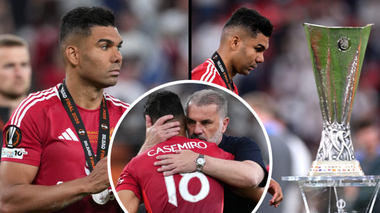 Tottenham Hotspur's Greek-Australian Head Coach Ange Postecoglou hugs Manchester United's Brazilian midfielder #18 Casemiro at the end of the UEFA ...