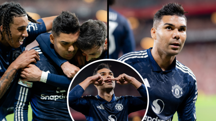 Casemiro of Manchester United celebrates scoring their first goal during the UEFA Europa League 2024/25 Semi Final First Leg match between Athletic...