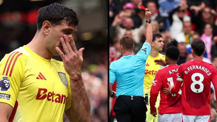 Emiliano Martinez of Aston Villa reacts after being shown a red card by Referee Thomas Bramall for a foul on Rasmus Hojlund of Manchester United du...