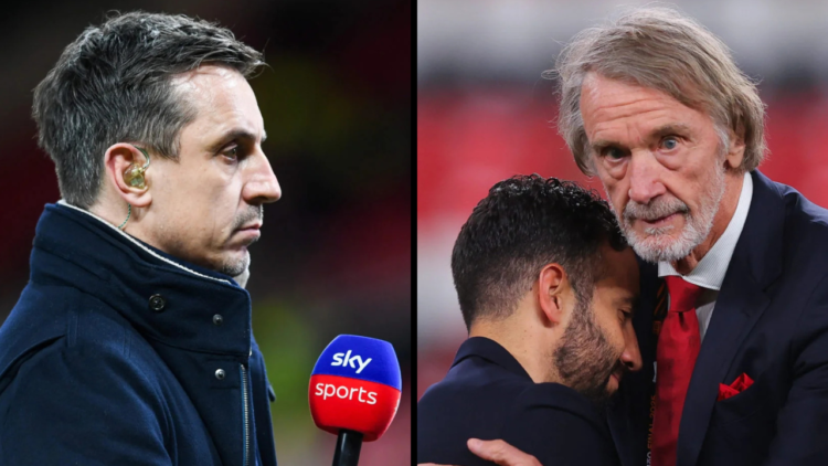 Presenter Gary Neville is seen during the Premier League match between Manchester United FC and Newcastle United FC at Old Trafford. Insert: Sir Ji...