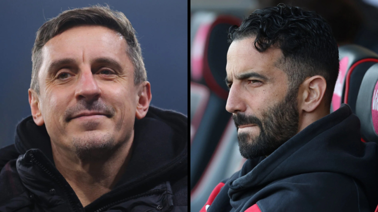 Pundit Gary Neville during the Barclays Women's Super League match between Manchester City and Manchester United at Etihad Stadium. Insert: Ruben A...