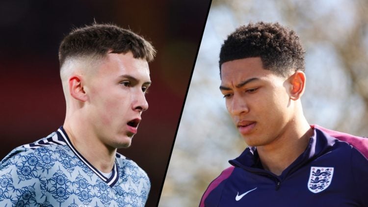Split image of Chris Rigg facing to the right while in Sunderland kit close up and Jobe Bellingham looking down and to the left while in England tr...