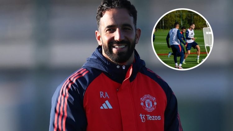 Manchester United head coach Ruben Amorim at Carrington, inset of Diogo Dalot training.