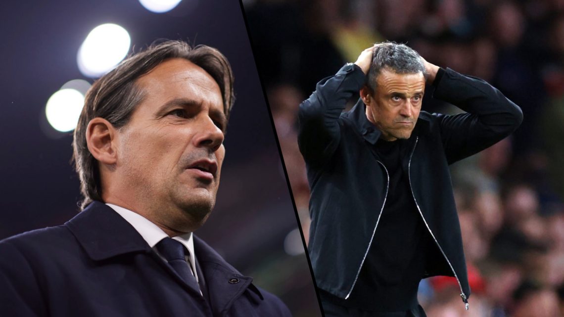 Split image, Simone Inzaghi close up angle from below at night wearing a suit and Jose Enrique stares intensely with hands on his head during PSG g...